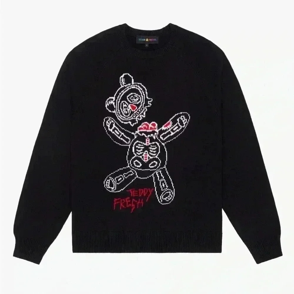 Rare TEDDY FRESH Skeleton Bear Intarsia Black Crew Neck Sweater Size S